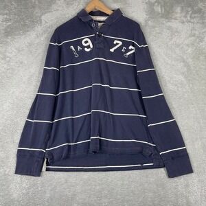 American Eagle Rugby Shirt Mens XL Blue Striped Embroidered Y2K Long Sleeve